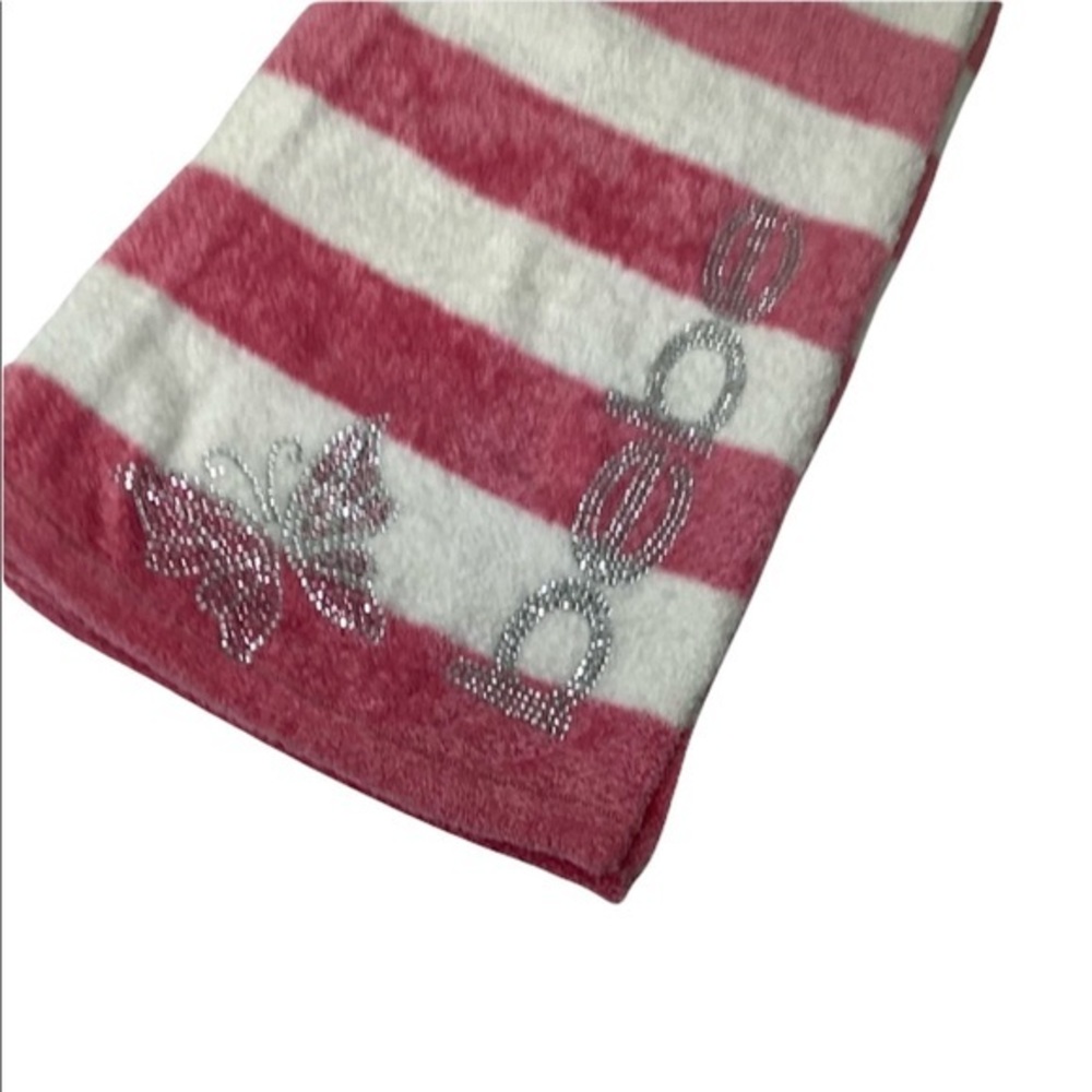 bebe Crystals logo and butterfly pink white stripped scarf size 66X8 EUC